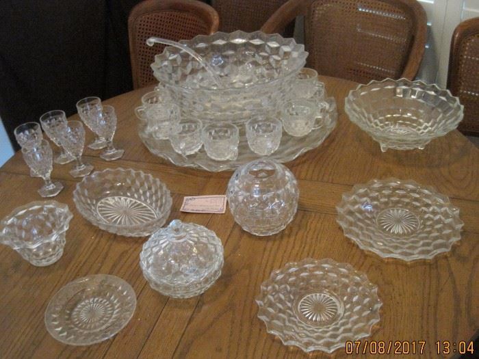 Fostoria American Pattern Glassware, Punchbowl, Vases, Serving pieces