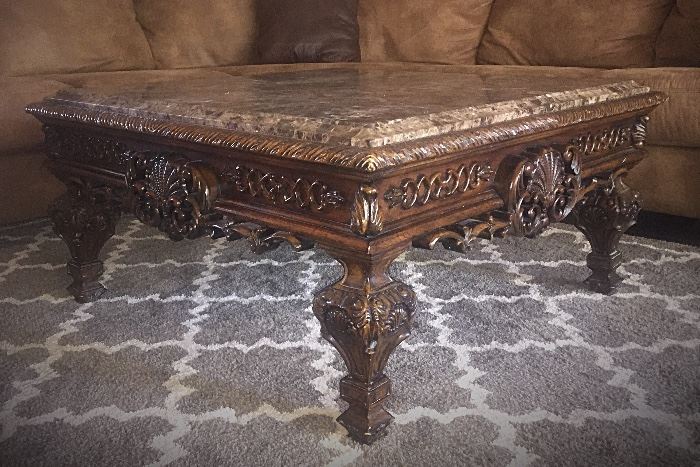 Carved mahogany marble top coffee table