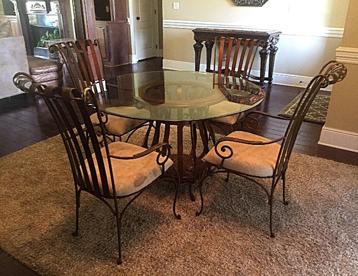 Iron and glass dining table and 4 chairs