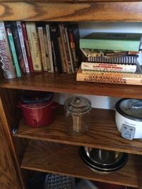 Cookbooks, crock pot mini  mixing bowls, misc pans