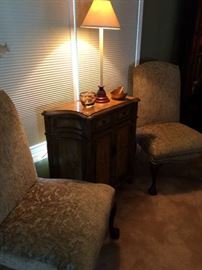 Decorative Chest, lamp, glass accessories, two pull up chairs
