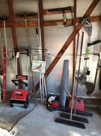Garage items, snow blower, brooms, trimmers, edger, roof rake, level