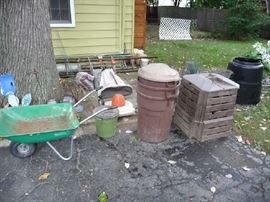 WHEEL BARREL, TRASH CANS