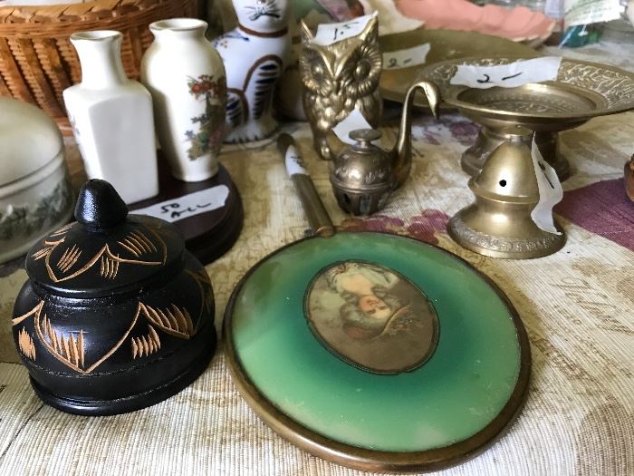 Brass items, antique hand mirror 