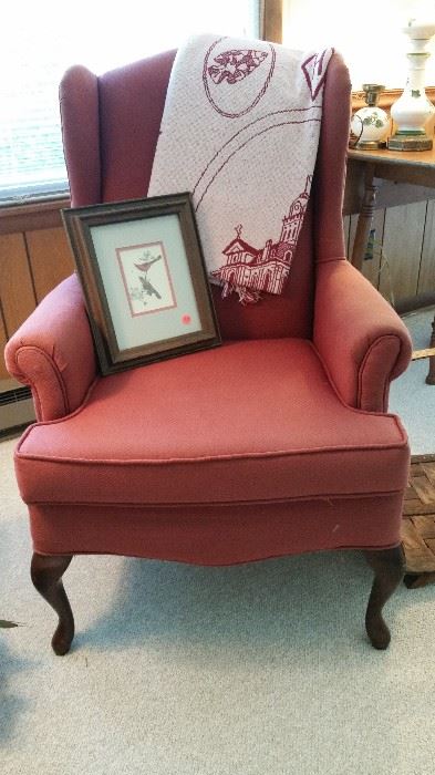 Red wing chair, cardinal framed art, Ohio blanket