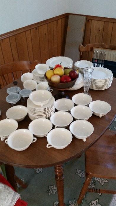 Wedgwood Cream on Cream ware, 12 place-settings, includes soup cup & saucer, coffee/tea cup & saucer, luncheon plate, salad/dessert plate, bread & butter plate.  Also, round covered casserole, 3 ashtrays