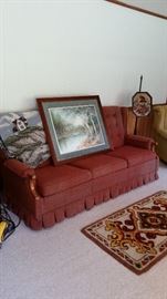 Rowe brand "Old Salem" sofa, blanket, sofa-sized framed art