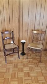 Cane-seat side chair, vintage metal stand ashtray, rush-seat side chair