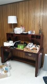 Larger desk with 1/2 moon extensions on both ends & desktop shelf unit (SOLD), table lamp, office supplies, & stationery