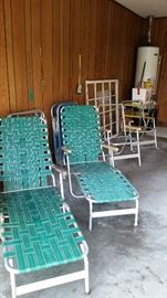 Retro aluminum loungers, cots, folding chairs, rocker chair, plus strapping for repair/replace