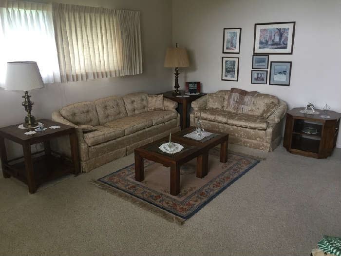 Living Room Set - includes couch, love seat, 3 end tables and coffee tables. Lamps included.
