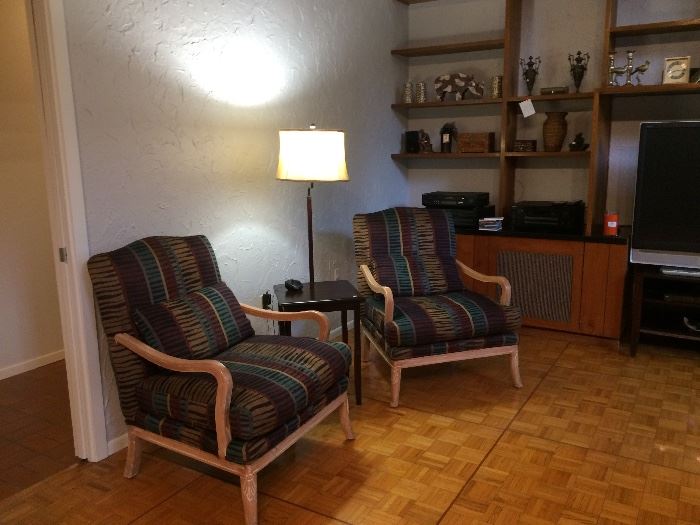 pair of large chairs  floor lamp 