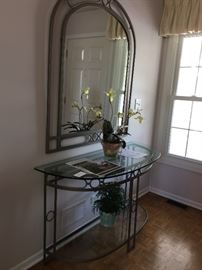 Entry way Demilune Table made of heavy Brush Nickel tone metal and glass with matching mirror BUY IT NOW $300 