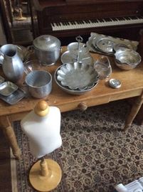 Pine desk, aluminum accessories, child's mannequin