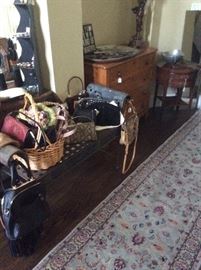Vintage and new purses, long runner rug and misc furniture pieces.