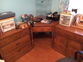 3 piece desk set with various office supplies, fax machine, printers, chair