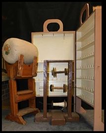 Antique and vintage sewing equipment including spool cabinet, yarn winder, lacemakers' bolster pillow on stand and more
