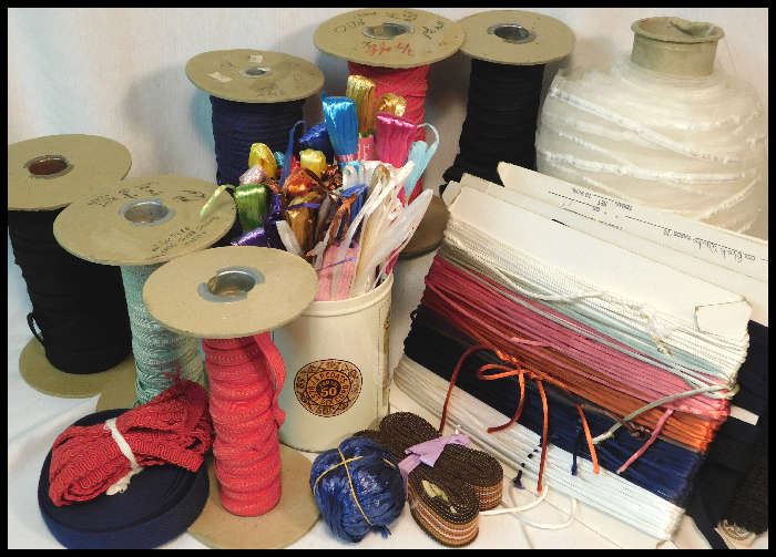  A sampling of the many sewing notions including elastic, trim, raffia, silk cording and more