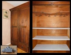 Antique oak wardrobe measures 48 and one half inches wide by 18 inches deep by 83 inches tall. Has original ornate hardware and hanging hooks