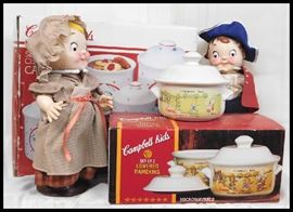Campbell soup collectibles including two ramekins, two 1976 dolls and more