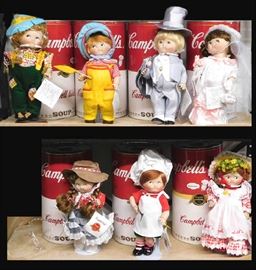 Collectible Campbell's soup dolls that are new in containers. Notice the bride and groom.
