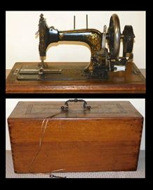 Frister and Rossmann 1878 hand crank sewing machine with lovely in-laid wooden carrier -made in Berlin