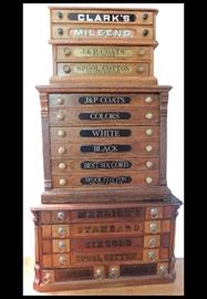 Four spool cabinets including Clarks, J P Coats and Merrick's