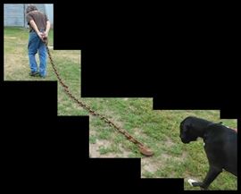 Hard working man with the HUGE chain and Leo following him immersed in curiosity.