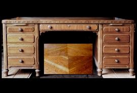 Large executive desk measuring 72" wide by 37" deep by 32" tall. Beautiful walnut split vernier top and panels.