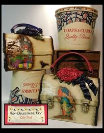 Original lunchbox decoupage purses by Lola Pool shown with Coates and Clarks paper buckets
