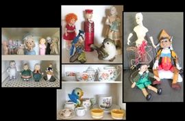 Porcelain figurines, tea set, cups, mannequin lamp, marionettes including Pinocchio