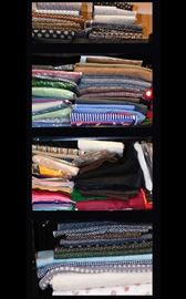 Sampling of material including felt, wool, calico, muslin and large bolt of Campbell's soup design material