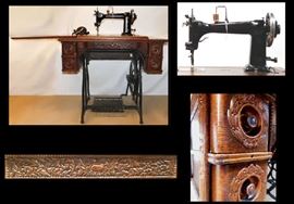 Sewing machine with very ornate carved cabinet