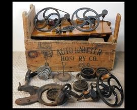 Sewing machine parts and antique Auto Knitter Hosiery Company wooden box