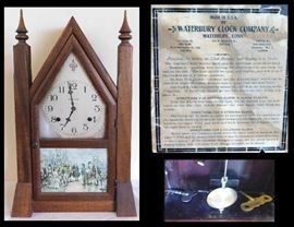 Waterbury table clock with print of George Washington in shipyard