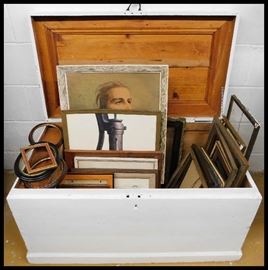 Wooden box with frames and prints