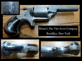 Pistol: Moore's Firearm Company, Brooklyn, New York. This gun is silver plated and has a bird's head handle. Stamped 6818.