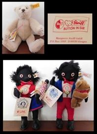 Steiff bear and two Steiff Gollis including "Mollygolli Goes to the Circus" and "Gollig and Teddy"