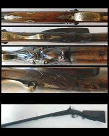 Rifle: side by side black powder combination, smooth bore and rifled bore. Beautifully hand carved stock with German silver trigger guard and trim.