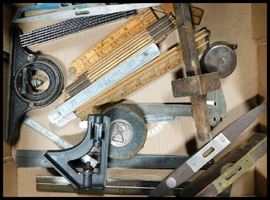 Tools including rules, levels, tape measures, calipers and mortising gauges