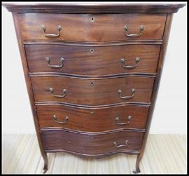 Mahogany serpentine five drawer high boy dresser
