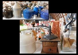 Just a sampling of collectible household items including jugs, coffee grinder, butter churn, enamel ware and more