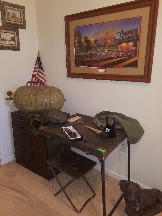 Vintage military field desk (tower kit), vintage bomber oxygen tank (WWII era)