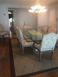 Glass Top Roman Stone Base Dining Table with 8 Chairs