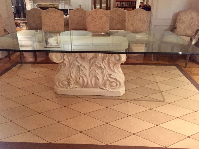 Gorgeous Beveled Glass Top Roman Stone Base Dining Table with 8 Upholstered Chairs
