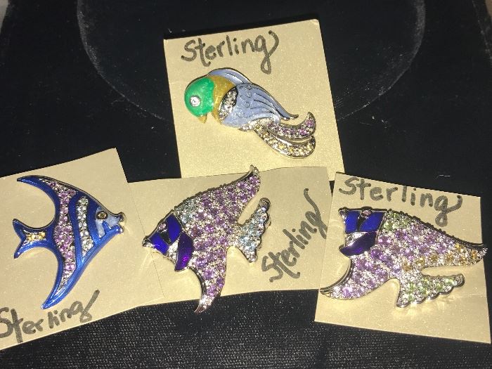 Sterling and rhinestone fish and parrot beautiful pendants