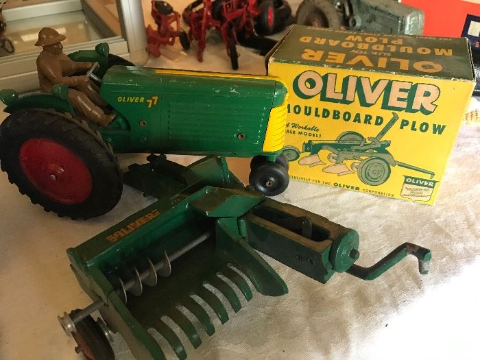 Toy Oliver "77" tractor and attachments 