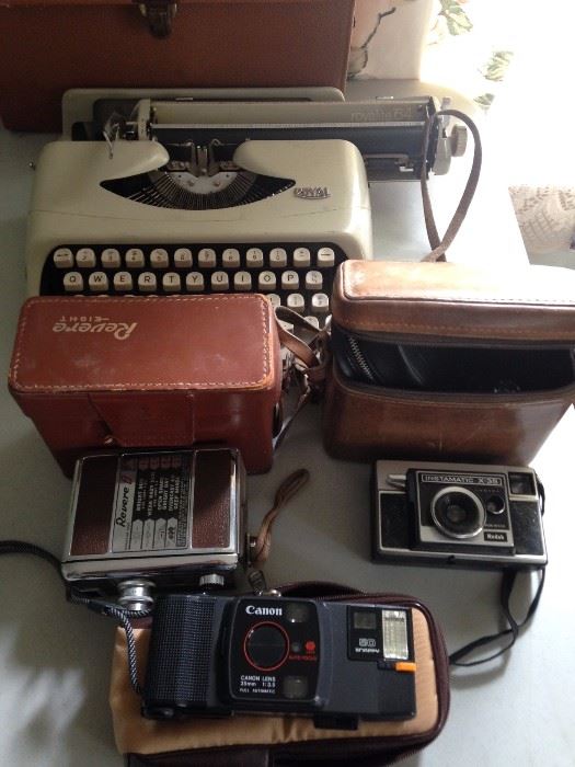 Manual Royal typewriter and vintage cameras