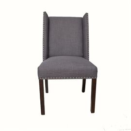 Gray Upholstered Side Chair: An upholstered wingback side chair. This chair features angled wings, a cushioned seat, and straight wooden legs. It is upholstered in gray woven fabric with silver tone nailhead trim.