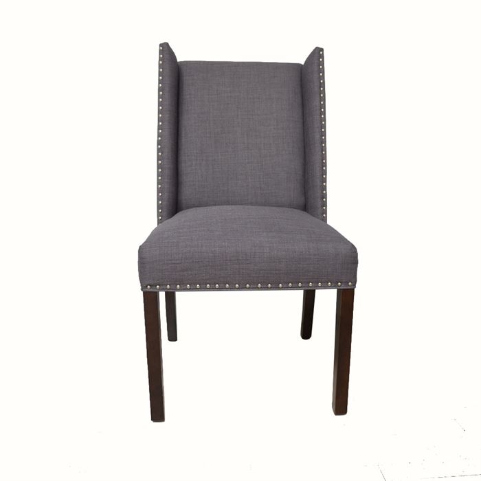 Gray Upholstered Side Chair: An upholstered wingback side chair. This chair features angled wings, a cushioned seat, and straight wooden legs. It is upholstered in gray woven fabric with silver tone nailhead trim.